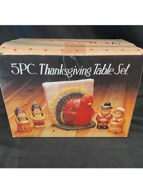 Vintage 5 Pc Thanksgiving Table Set Turkey Napkin Holder, Salt & Pepper Shakers